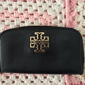 Tory Burch Black Leather Zip-Around Wallet with Gold Logo
